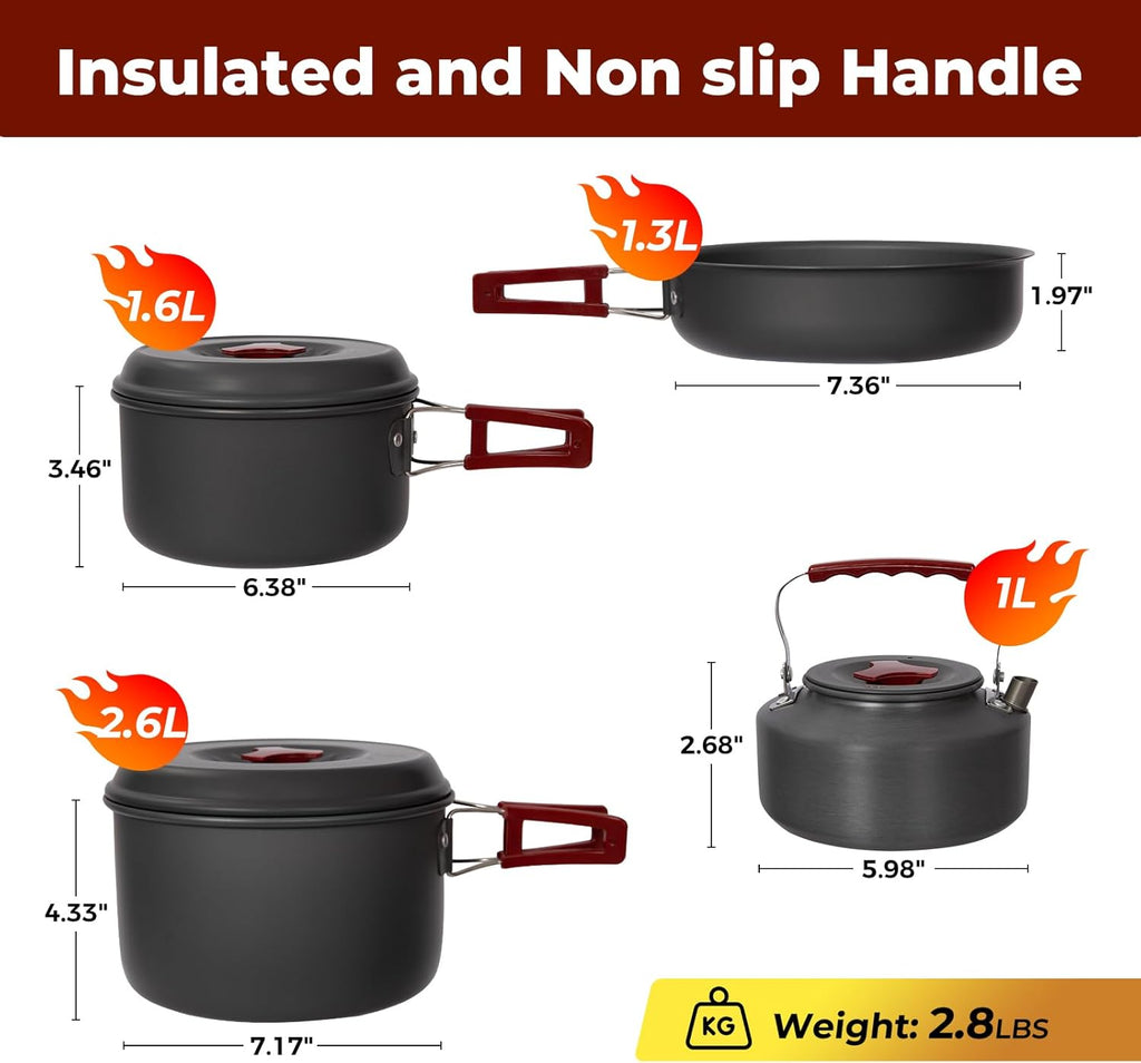 24/13/11/8/4 PCS Camping Cookware Mess Kit Lightweight Backpacking Cooking Set Outdoor Cook Gear for Family Hiking, Picnic(Kettle, Pot, Frying Pan, Bowls, Plates, Spoon)