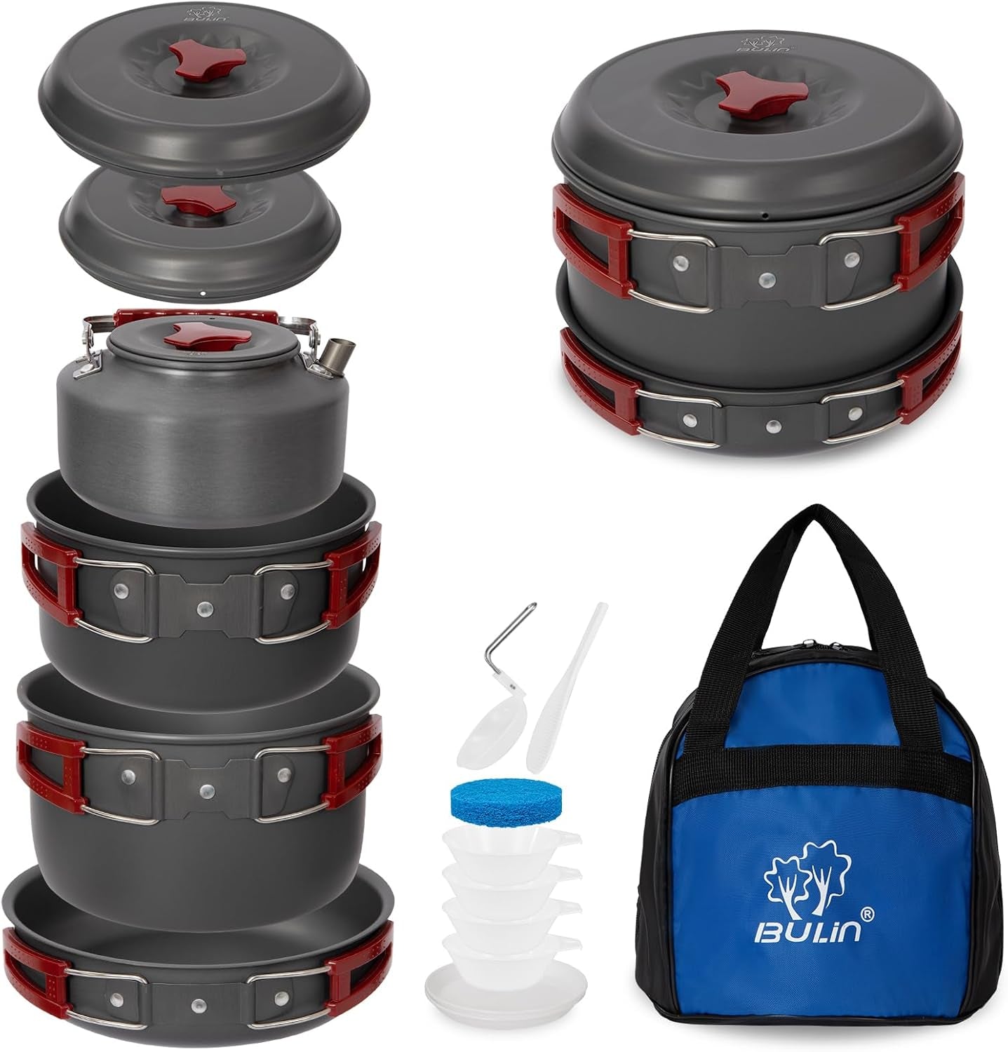 24/13/11/8/4 PCS Camping Cookware Mess Kit Lightweight Backpacking Cooking Set Outdoor Cook Gear for Family Hiking, Picnic(Kettle, Pot, Frying Pan, Bowls, Plates, Spoon)