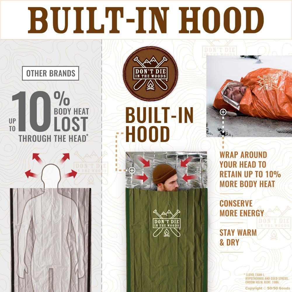 Don’T Die in the Woods - Emergency Sleeping Bag with Hood - Made with Extra Thick Thermal Mylar - 10 Essentials Hiking Camping Blanket, Survival Gear Tactical Car Disaster Bug Out First Aid Kits